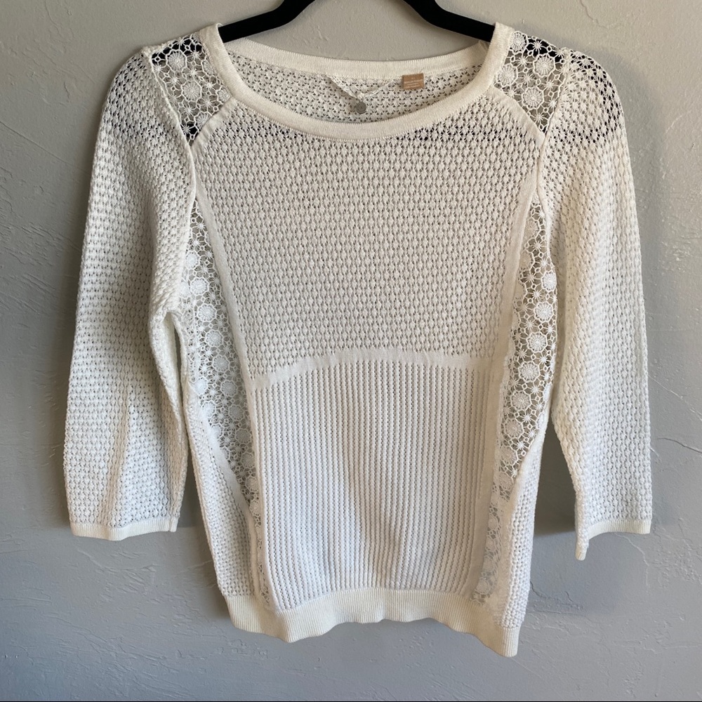Anthropologie Knitted & Knotted Ivory Crochet Sweater